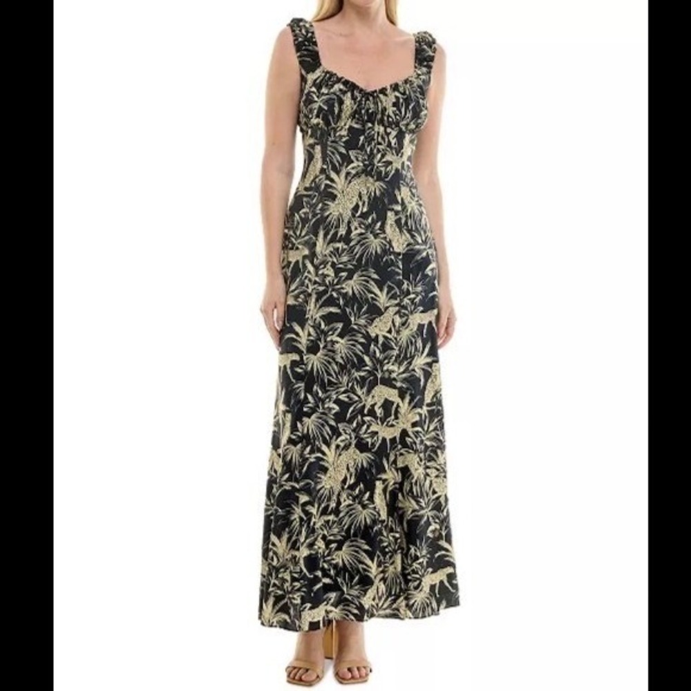 Taylor Maxi Dress Black Sz 6 Cheetah Palm Print Jungle Safari Tropical Resort